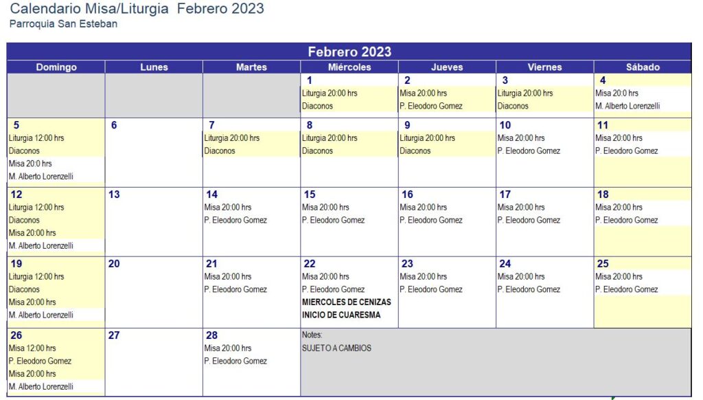 Calendario Misas febrero 2023